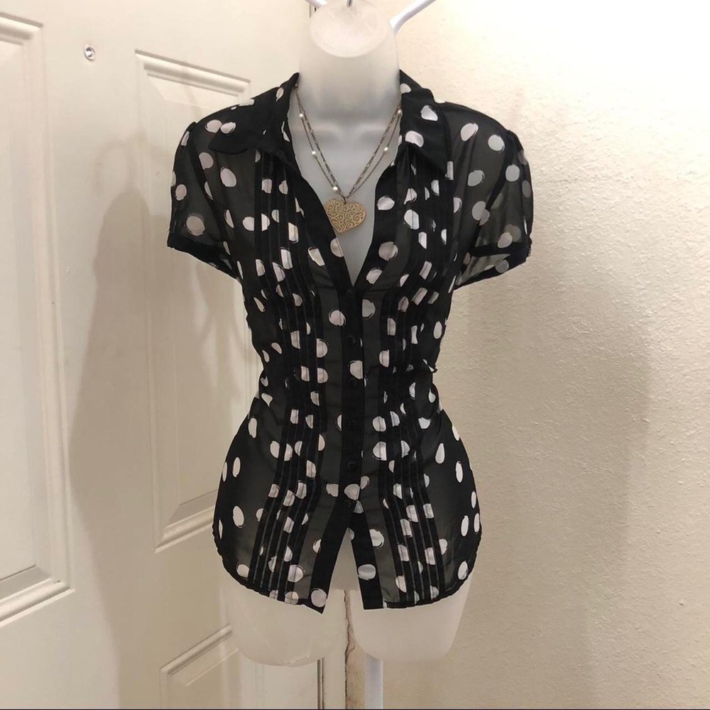 Y2K Office Siren Preppy Vixen Polka Dot Corset Fit Sheer Blouse Shirt Top Button